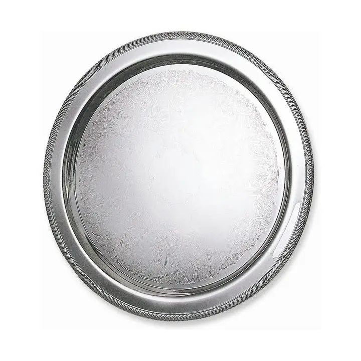 Prix abordable couleur argent plateau de service artisanat forme ronde plateau de service alimentaire à utiliser pour l'hôtel et la fête