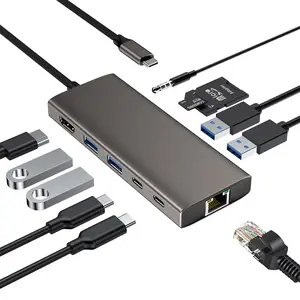 11 في 1 نوع c محور حوض محمول 4K @ 60Hz USB 3.0 جيجابت Lan RJ45 إيثرنت 100W PD 3.5 مللي متر الصوت USB C محطة الإرساء