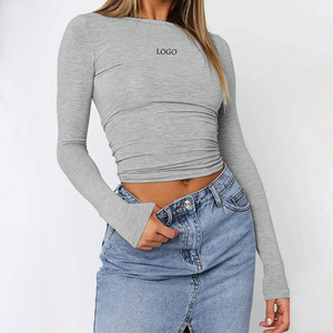 Camiseta corta de manga larga con cuello redondo Sexy en blanco y sólido con logotipo personalizado de OEM para mujer, ropa de calle 2024 para mujer, ropa de primavera y verano - Product Image 3