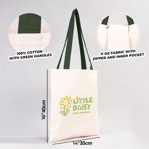 14 X 16 (35x40 Cm) Custom 10 oz Canvas <b>Purse</b> with <b>Green</b> Handles Solid <b>Green</b> Color Cotton Lining Simple Decoration with Letter - Product Image 1