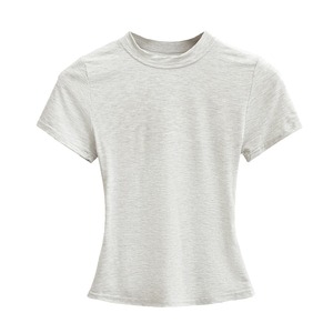 Camiseta informal de manga corta para mujer de Color sólido, novedad de verano 2025, cuello básico, hombros regulares, estiramiento corto, punto teñido liso - Product Image 4