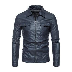 Chaqueta de cuero PU auténtica informal de otoño para hombre con solapa de negocios con cremallera fina de lona hinchada con tinte estampado - Product Image 6