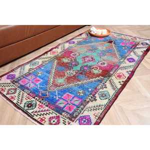 Alfombra Turca Vintage de 3x5.5 pies (92x169 cm), Alfombra a Cuadros Azul - Product Image 1