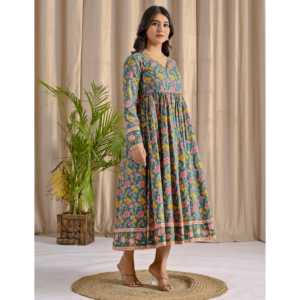 Vestido Largo Azul Marino Angrakha con Cintura Imperio, Estilo Boho Elegante, Estampado Floral Jaal, Sin Cremallera, Ideal para Bodas y Fiestas, ODM - Product Image 5