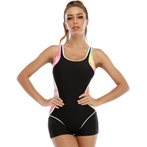Maillot de bain de compétition une pièce pour femme, style conservateur, color-block, dos nu - Product Image 1