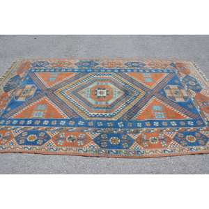 Kazak azul naranja Vintage alfombra turca 5,7X9,5 pies tejido plano lana con respaldo de látex para decoración para sala de estar patrón de retazos - Product Image 3