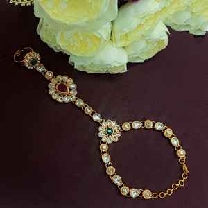 Anillo de dedo Kundan de cristal chapado en oro, cadena de eslabones, pulsera nupcial de boda, arnés de mano, regalo esclavo, joyería - Product Image 1