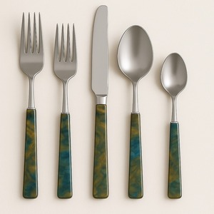 Nouveau service de couverts en acier miroir avec vadrouille bleu vert manche en résine brillante 5 pièces vaisselle table cuisine salle à manger cuillère fourchette couteau - Product Image 1