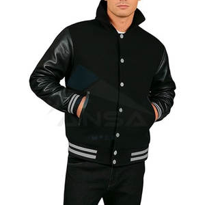 เสื้อแจ็คเก็ตวาร์ซิตี้ผู้ชาย แขนหนังแท้ ตัวเสื้อผสมขนสัตว์ สไตล์คลาสสิกแบบนักศึกษา ไซส์ XS-5XL ฮู้ดดี้สีดำแบบริบ - Product Image 2