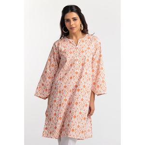 Chemise décontractée pour femme en cambric imprimé à blocs, couleur pêche, respirante, col mandarin, taille naturelle, collection printemps - Product Image 2