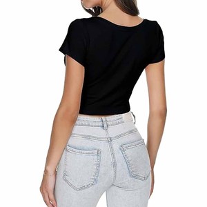 Camisetas Cortas de Cuello Redondo para Mujer, Color Sólido, Corte Ajustado, Manga Corta, Secado Rápido, Poliéster/Algodón - Product Image 6