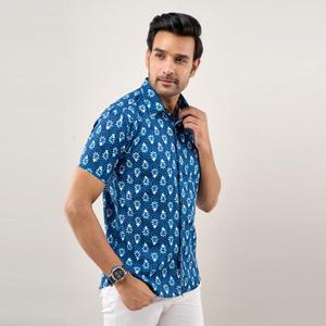 <b>Men's</b> Indigo Blue Poplin Cotton Printed Casual <b>Shirt</b> Regular Fit Breathable <b>Flower</b>-Printed Size 6XL for Summer - Product Image 4