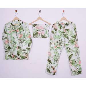 ชุดนอนผ้าฝ้าย100% ลายดอกไม้ชุด2ชิ้นสำหรับผู้หญิงชุดนอนคอปกแบบมีกระเป๋า - Product Image 1