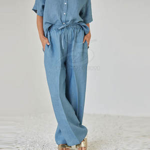 Conjunto de Dos Piezas de Algodón Casual Transpirable con Botones, Camisa y Pantalones de Cintura Alta para Mujer, Ropa de Calle Diaria - Product Image 4