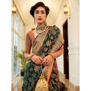 Sari en soie tissée vert sarcelle exceptionnel, élégant pour les mariages - Product Image 3