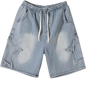 Jorts en jean avec quincaillerie personnalisée avec patchs brodés personnalisés Rhinestone Y2K Retro Loose Fit Men Denim Shorts Baggy Jean - Product Image 1