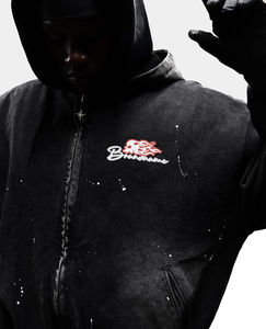 Sudadera con capucha y cremallera desgastada de invierno con logotipo personalizado bordado impresión Digital lavado francés Terry negro pesado lavado ácido para hombres - Product Image 2