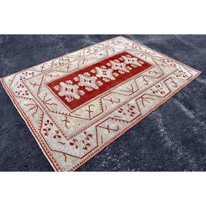 พรมตุรกีโบราณขนาดใหญ่6.4x8.5ฟุตคลาสสิกสีแดงเบจแอบสแตรกต์ลวดลายขนสัตว์วัสดุขนแกะขนาด10มม. สำหรับตกแต่งห้องโถง - Product Image 3