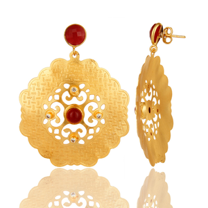 Boucles d'oreilles en pierres précieuses Aventurine rouge CZ faites à la main en plaqué or 18 carats boucles d'oreilles à la mode fabricant de bijoux en laiton Collection Vintage - Product Image 4