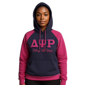 Delta Psi Rho Sorority manga raglán pulóver Sudadera con capucha azul marino 80 algodón 20 poliéster llenando los vacíos vida griega ropa informal con capucha - Product Image 1