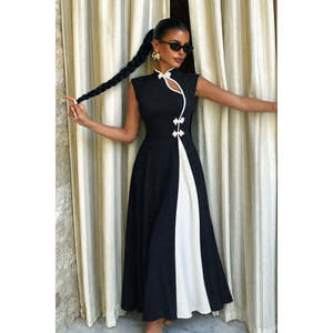 Women's Sleeveless Mandarin Collar Drop Detail Long Shimmering Crepe <b>Dress</b> with Gentle <b>Buttons</b>, 35965 - <b>Black</b> - Product Image 1