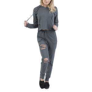 Conjunto Deportivo de Dos Piezas para Mujer, Estilo Desgastado, Sudadera con Capucha y Pantalones, Ropa de Moda, Proveedor Mayorista - Product Image 1