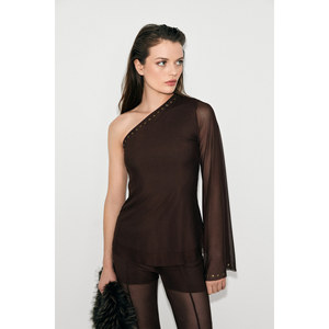GRIMELANGE <span class=keywords><strong>SUENO</strong></span> Blusa da Donna con Collo Asimmetrico in Tulle, Monospalla, Manica Aperta e Dettaglio Stella con Pietre - Product Image 3
