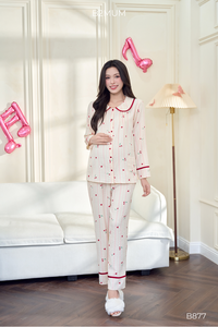 B2 MUM B877 Long Sleeve Cherry Red Linen Maternity Sleep <b>Set</b> Peter <b>Pan</b> Collar Breathable Soft Fabric Cloud Pattern for Pregnant - Product Image 3