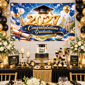 Sfondo per Cerimonia di Laurea Blu Reale e Oro 2027, Classe 2027, Banner in Poliestere per Photobooth, Decorazioni per Festa di Congratulazioni Laureati, Università - Product Image 4