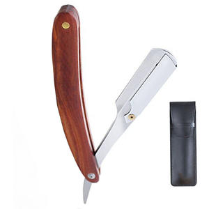 Rasoirs de coiffeur de qualité supérieure manche en bois rasoir de rasage en acier inoxydable à bord droit avec pochette en cuir - Product Image 1