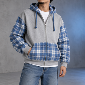 Sweat à capuche streetwear surdimensionné en polaire épaisse à carreaux et patchwork pour homme, personnalisable avec logo OEM - Product Image 3