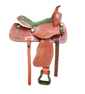 Green Floral Tooling Western Barrel Leather Horse Saddle Tack With Headstall , Reins & Breast-collar Set