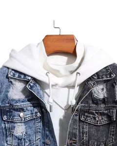 เสื้อแจ็คเก็ตยีนส์ผู้ชายแบบทูโทน มีฮู้ด สไตล์ทรัคเกอร์ ขาดๆ เซอร์ๆ ติดกระดุม แนวสตรีทแวร์ลำลอง สีน้ำเงินดำ - Product Image 4