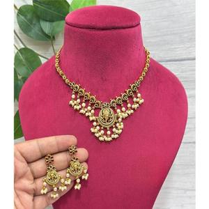 High Quality Designer Antique Matte Finish Gold Plated Temple <b>Necklace</b> <b>Set</b> With Earrings <b>Indian</b> Wedding Wear Collection or Women - Product Image 1