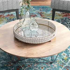 Plateau de service rond gris vintage avec poignée en bois rustique et finition texturée, parfait pour exposer des fruits et des pièces décoratives - Product Image 6