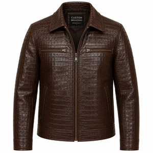Veste en cuir de crocodile véritable pour homme, marron vintage, décontractée, avec fermeture éclair, OEM, étiquette privée, vente en gros et personnalisable - Product Image 1