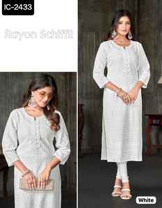 Nuevo diseñador Heavy Rayon Straight Kurti para mujeres colecciones de ropa informal diaria Schiffli trabajo inspirado en ropa India pakistaní - Product Image 3