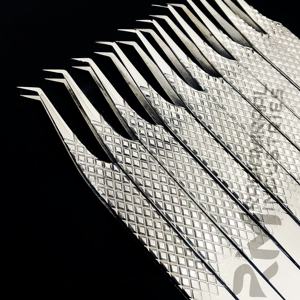 RMI Silver Stainless Steel Eyelash Extension <b>Tweezer</b> Diamond Grip 45 Degree Point Set - Product Image 2