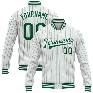 Industria directa al por mayor Casual invierno personalizado blanco Kelly verde rayas Kelly verde bombardero Full-Snap Varsity Letterman chaqueta - Product Image 1