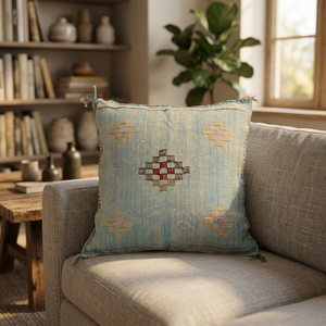 Housse de coussin carrée CACTUS brodée géométrique bohème, en coton fait main, couleur et taille personnalisables, décoration d'intérieur, bleu - Product Image 4