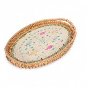 Plateau de service moderne bohème en rotin fait à la main avec nacre, design flexible, pour le service de nourriture au restaurant et l'utilisation à la maison - Product Image 1