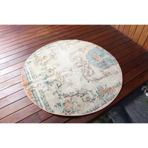 3.37x3.4 ft Vintage <b>Round</b> <b>Rug</b>, Blue <b>White</b> Turkish Camouflage Wool <b>Rug</b> - Product Image 2