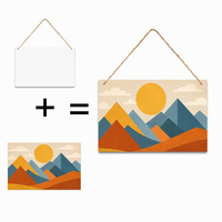 Décoration Murale en Bois Paysage Montagne Soleil 30x20cm, Panneau MDF avec Corde de Jute, Vignes Rétro, Formes Géométriques Abstraites pour Salon
