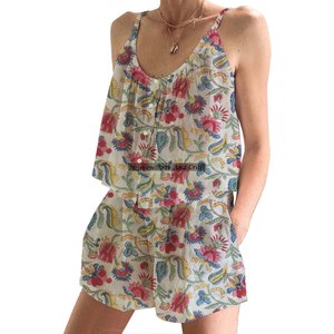 Conjunto de Pijama de Algodón con Estampado Floral Hecho a Mano, Manga con Volantes, Primavera/Verano, Floral, Ajustado, Tirantes, Sin Mangas - Product Image 4