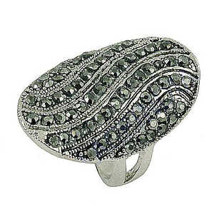 Romantic Vintage Style <b>Silver</b> Marcasite Oval Cut Gemstone <b>Ring</b> Inlay Setting <b>Statement</b> Jewelry for Women - Product Image 1