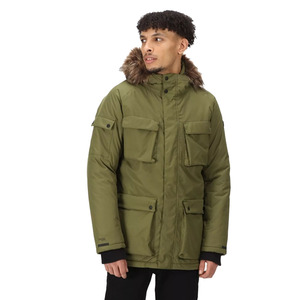 Men Green Padded Waterproof Parka <b>Jacket</b> With Multiple Pockets & Faux <b>Fur</b> on <b>Hood</b> Men Breathable <b>Jackets</b> - Product Image 1