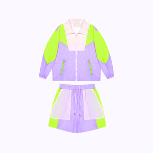 Chaqueta corta personalizada recortada conjunto cortavientos personalizado verano moda Color bloque lavado Casual pantalones cortos conjuntos mujeres - Product Image 6