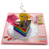 Tarjeta de Cumpleaños 3D Pop-Up con Pastel Arcoíris y Vela, Diseño Artístico en Papel