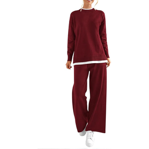 Conjunto de 2 Piezas de Alta Calidad para Mujer, Suéter Casual de Punto de Algodón Sólido y Pantalones Anchos para Conjuntos Deportivos - Product Image 1