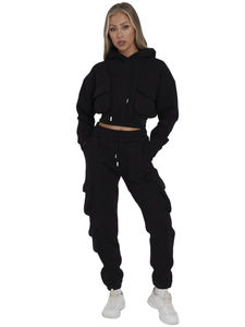 Women's Custom Logo Zippered Hoodie Jogger <b>Set</b> with Slim Fit <b>Crop</b> <b>Top</b> and Shorts Solid Pattern Winter Tracksuit - Product Image 6